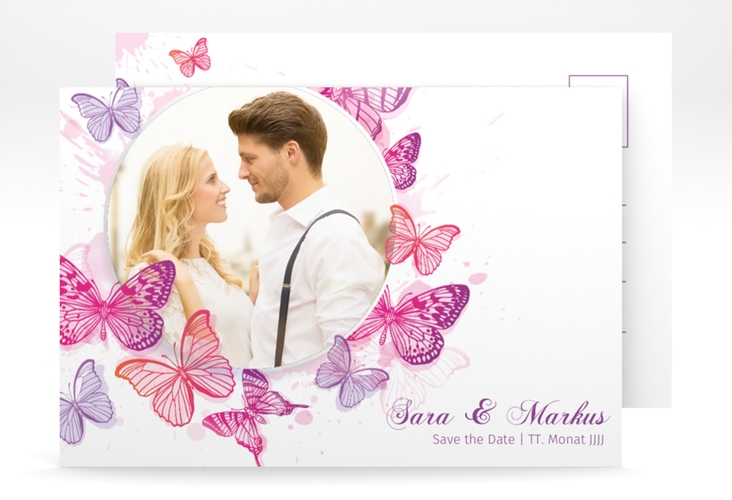 Save the Date-Postkarte Schmetterlinge A6 Postkarte pink hochglanz