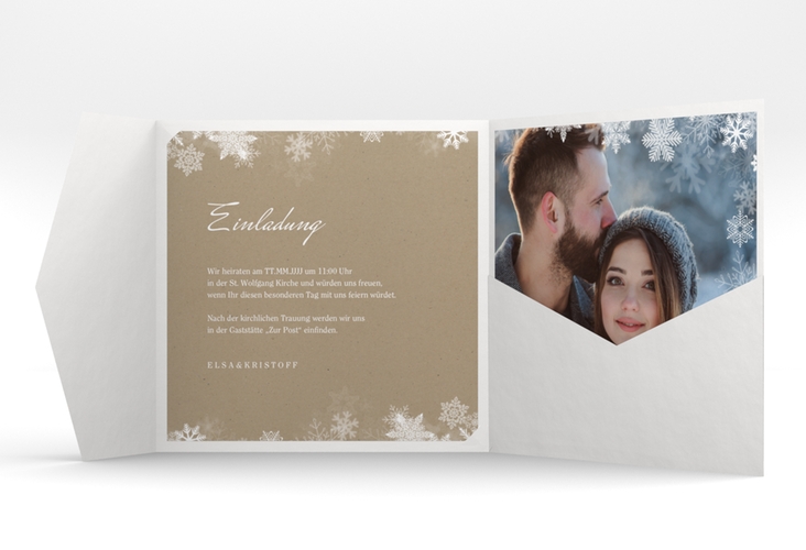 Hochzeitseinladung Snowfall Pocketfold Kraftpapier mit Schneeflocken für Winterhochzeit