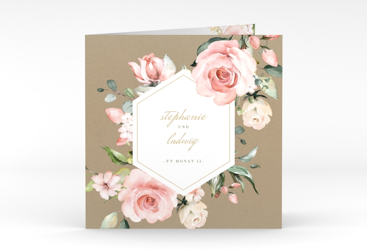 Hochzeitseinladung Graceful quadr. Klappkarte Kraftpapier mit Rosenblüten in Rosa und Weiß