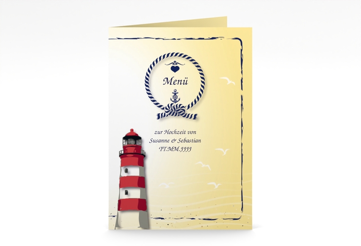 Menükarte Hochzeit Sylt A5 Klappkarte hoch gelb mit Leuchtturm