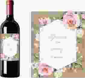 Weinflaschenetikett Hochzeit Graceful Etikett Weinflasche 4er Set Kraftpapier mit Rosenblüten in Rosa und Weiß