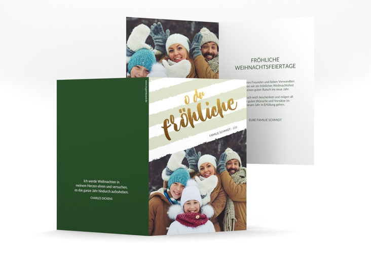 Weihnachtskarte Weihnachtslied A6 Klappkarte hoch gruen hochglanz gestreift mit Familienfoto