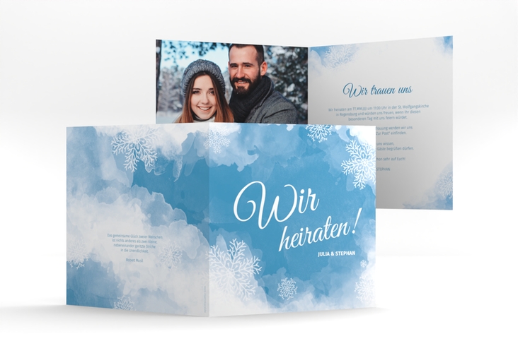 Hochzeitseinladung Frozen quadr. Klappkarte blau mit Winter-Design