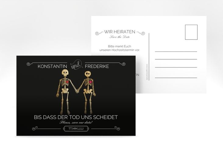 Save the Date-Postkarte Bones A6 Postkarte witzig mit Skelett-Brautpaar