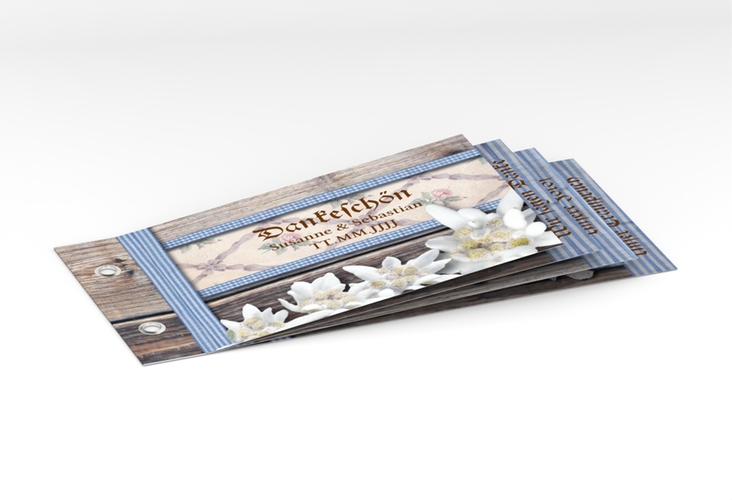 Danksagungskarte Hochzeit Bayern Booklet hochglanz mit Edelweiß in rustikaler Holz-Optik