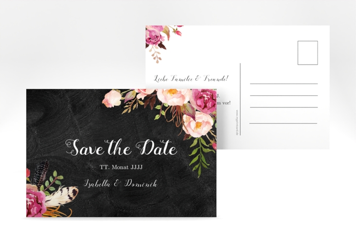 Save the Date-Postkarte Flowers A6 Postkarte schwarz mit bunten Aquarell-Blumen