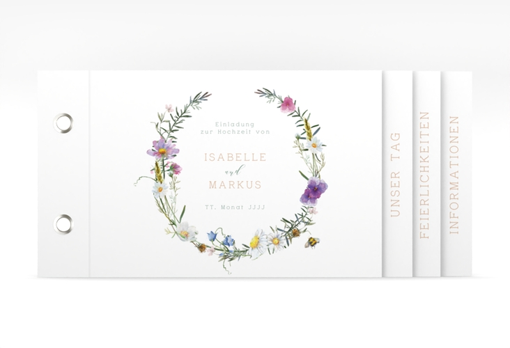 Hochzeitseinladung Blumengarten Booklet mit Blumenkranz und Hummel