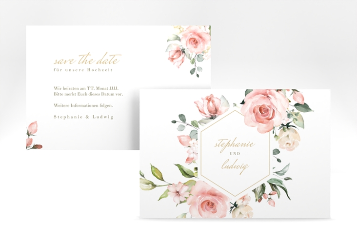 Save the Date-Karte Graceful A6 Karte quer weiss hochglanz mit Rosenblüten in Rosa und Weiß