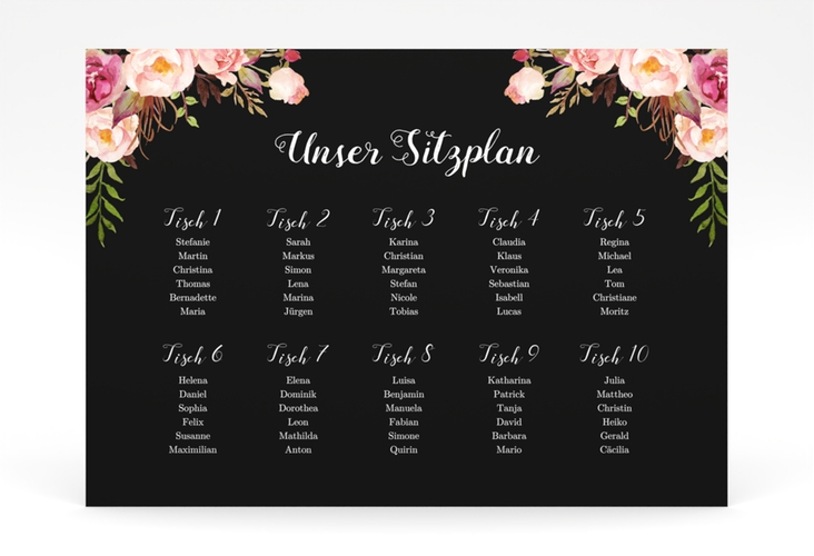 Sitzplan Poster Hochzeit Flowers 70 x 50 cm Poster mit bunten Aquarell-Blumen