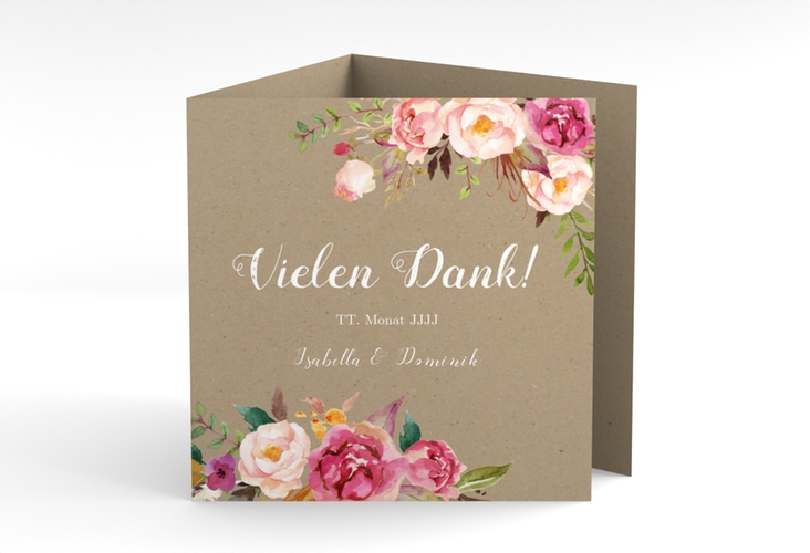 Dankeskarte Hochzeit Flowers quadr. Doppel-Klappkarte Kraftpapier mit bunten Aquarell-Blumen