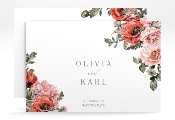 Save the Date-Karte Grazioso A6 Karte quer modern mit Mohnblumen und Rosen