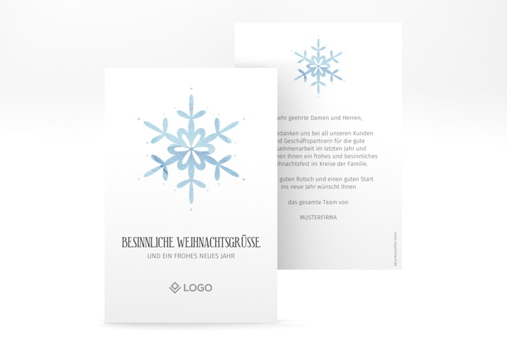 Business-Weihnachtskarte Winterhauch A6 Karte hoch mit Schneeflocken-Design und Logo für Firmen