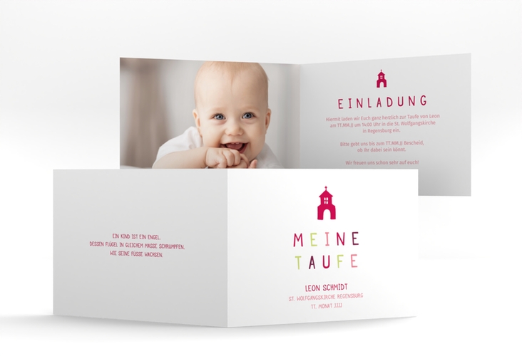 Einladung Taufe Chapel A6 Klappkarte quer pink hochglanz