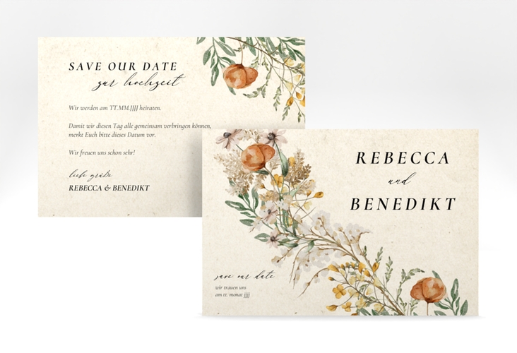 Save the Date-KarteWildfang A6 Karte quer beige hochglanz mit getrockneten Wiesenblumen