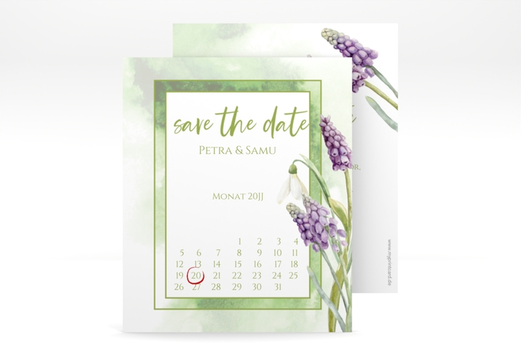 Save the Date-Kalenderblatt Frühling Kalenderblatt-Karte gruen hochglanz mit Frühlingsblumen in Aquarell