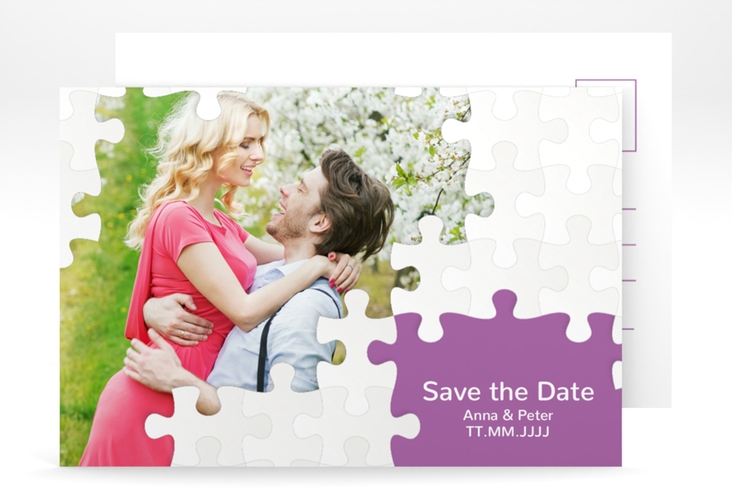 Save the Date-Postkarte Puzzle A6 Postkarte lila hochglanz