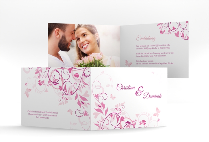 Hochzeitseinladung Lilly A6 Klappkarte quer pink