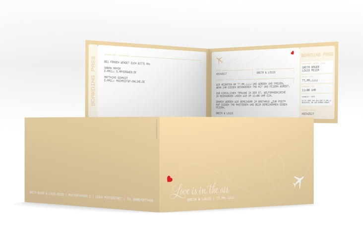 Hochzeitseinladung Weddingpass lange Klappkarte quer beige hochglanz