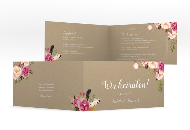 Hochzeitseinladung Flowers lange Klappkarte quer Kraftpapier mit bunten Aquarell-Blumen