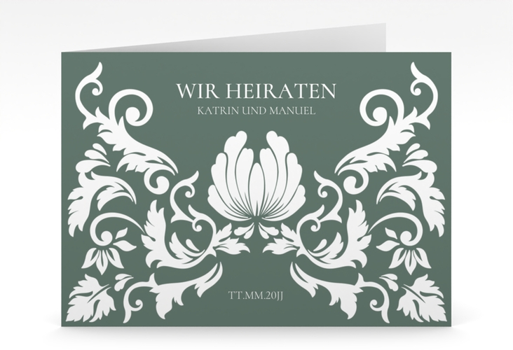 Hochzeitseinladung Royal mittlere Klappkarte quer gruen mit barockem Blumen-Ornament