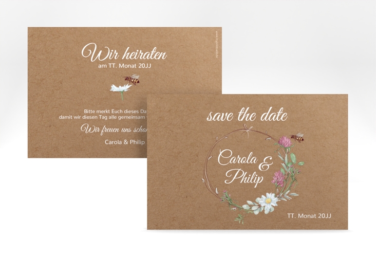 Save the Date-Karte Honey A6 Karte quer mit Wiesenblumen und Biene