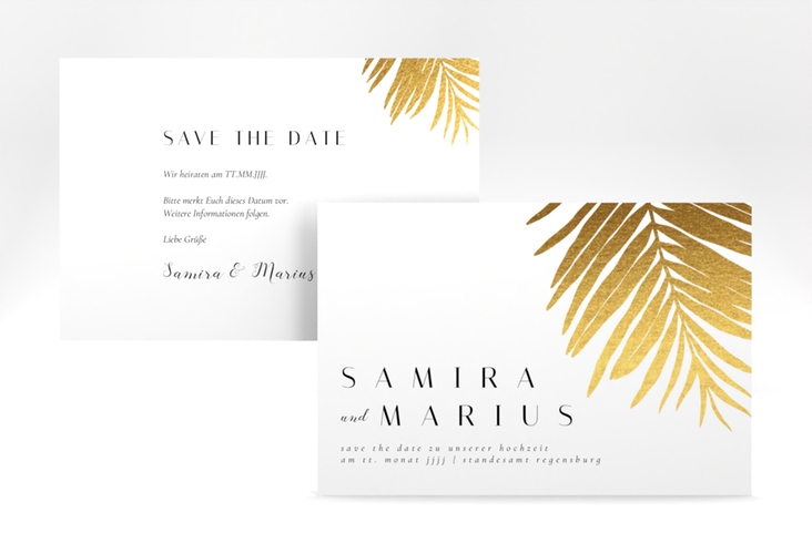 Save the Date-Karte Palmenblatt A6 Karte quer gold hochglanz mit Palmenwedel