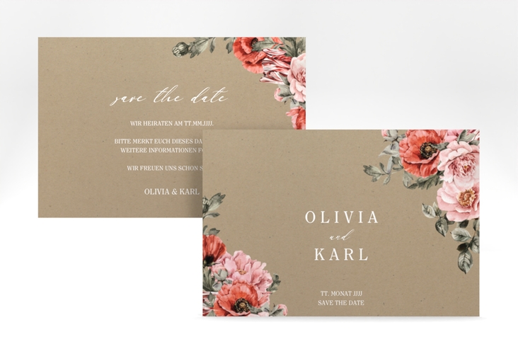 Save the Date-Karte Grazioso A6 Karte quer Kraftpapier modern mit Mohnblumen und Rosen