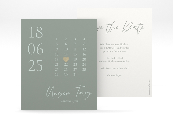 Save the Date-Kalenderblatt Day Kalenderblatt-Karte gruen mit Datum im minimalistischen Design
