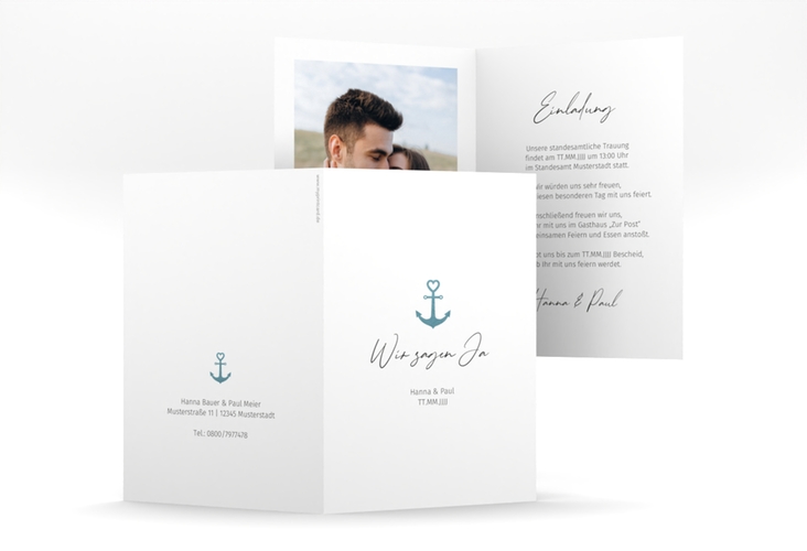 Einladungskarte Hochzeit Ankerliebe A6 Klappkarte hoch weiss im minimalistischen maritimen Design mit Anker