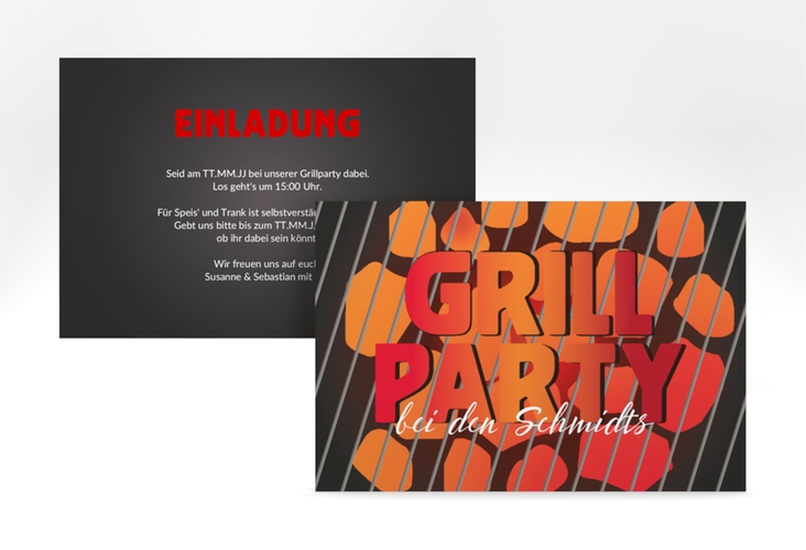 Party Einladungskarte Grillparty A6 Karte quer hochglanz mit glühender Kohle und Grillrost
