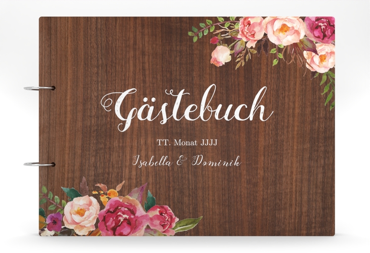 Gästebuch Holzcover Nussbaum Flowers Holz-Cover, bedruckt mit bunten Aquarell-Blumen