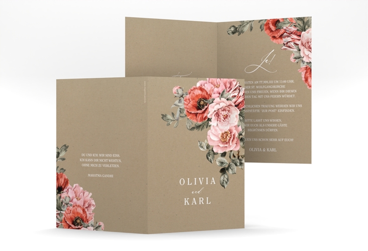 Einladungskarte Hochzeit Grazioso A6 Klappkarte hoch Kraftpapier modern mit Mohnblumen und Rosen