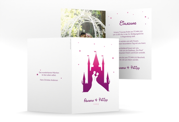 Einladungskarte Hochzeit Castle A6 Klappkarte hoch pink