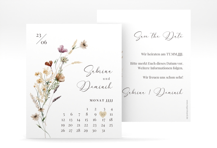 Save the Date-Kalenderblatt Sauvages Kalenderblatt-Karte weiss hochglanz mit getrockneten Wiesenblumen