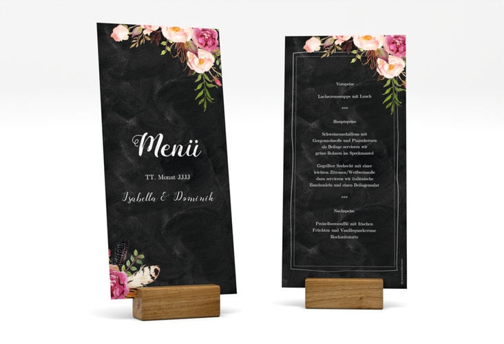 Menükarte Hochzeit Flowers lange Karte hoch schwarz hochglanz mit bunten Aquarell-Blumen