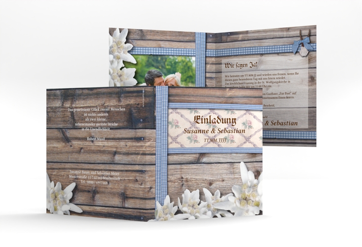 Einladungskarte Hochzeit Bayern quadr. Klappkarte blau mit Edelweiß in rustikaler Holz-Optik