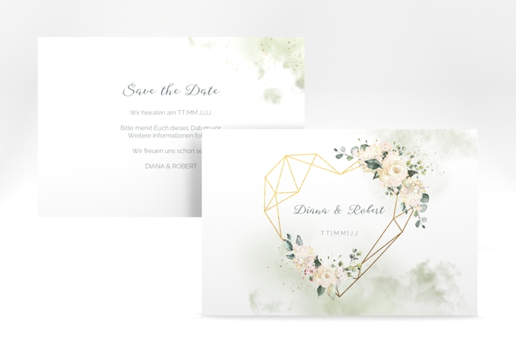 Save the Date-Karte Adore A6 Karte quer gruen mit geometrischem Herz und Rosen in Aquarell