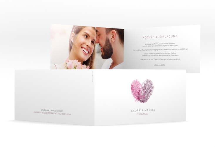 Hochzeitseinladung Fingerprint lange Klappkarte quer pink hochglanz schlicht mit Fingerabdruck-Motiv