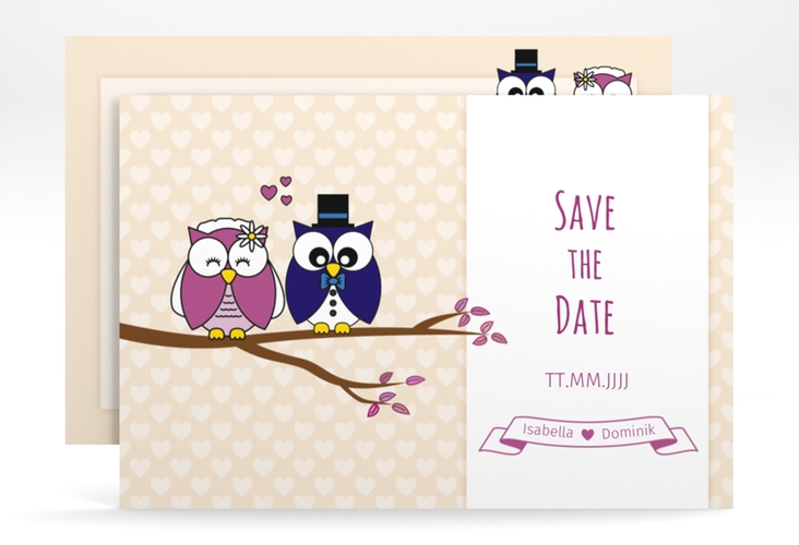 Save the Date-Karte Hochzeit Eulenliebe A6 Karte quer beige