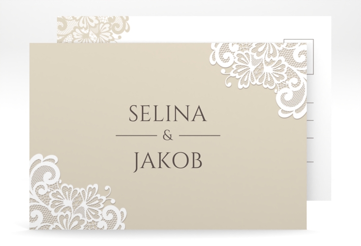 Save the Date-Postkarte Vintage A6 Postkarte beige mit floraler Spitze