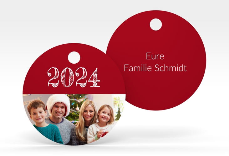 Geschenkanhänger Weihnachten Besinnlichkeit Geschenkanhänger, rund rot zum Personalisieren mit Jahreszahl und Foto