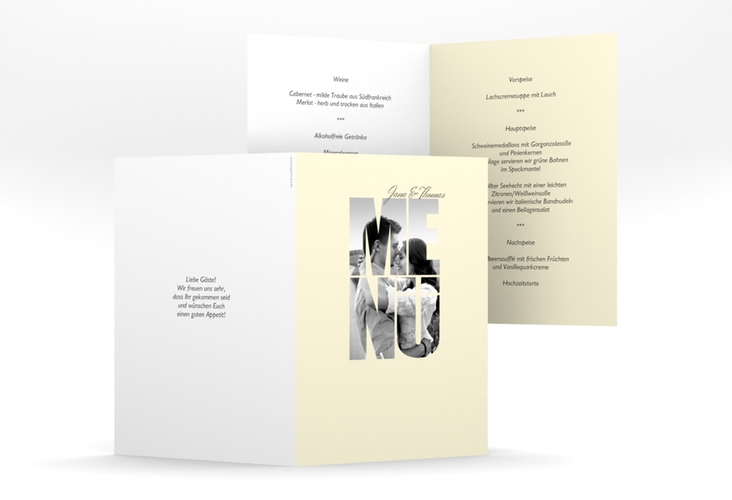 Menükarte Hochzeit Letters A5 Klappkarte hoch beige