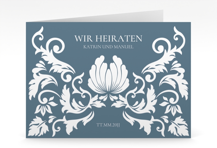 Hochzeitseinladung Royal mittlere Klappkarte quer mit barockem Blumen-Ornament