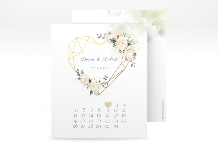 Save the Date-Kalenderblatt Adore Kalenderblatt-Karte mit geometrischem Herz und Rosen in Pastell