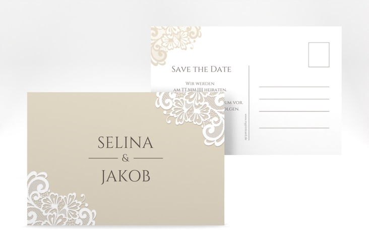 Save the Date-Postkarte Vintage A6 Postkarte beige mit floraler Spitze