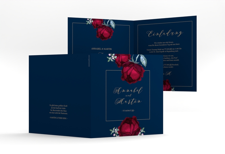 Hochzeitseinladung Peonies quadr. Klappkarte blau elegant mit Pfingstrosen