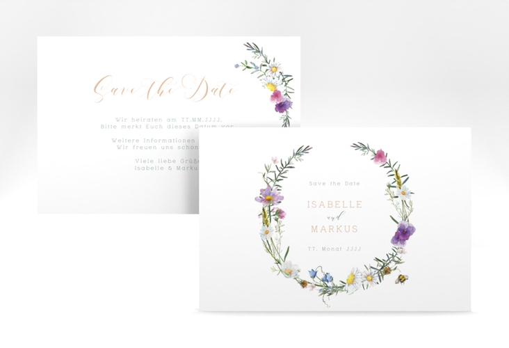 Save the Date-Karte Blumengarten A6 Karte quer mit Blumenkranz und Hummel