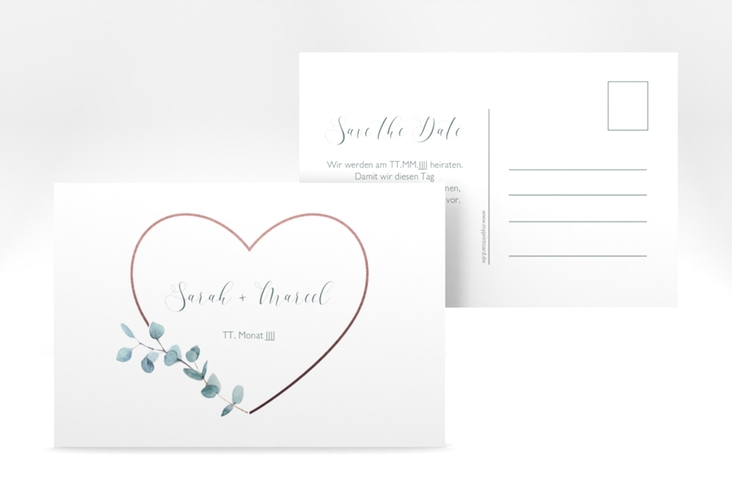 Save the Date-Postkarte Greenheart A6 Postkarte rosa hochglanz mit elegantem Herz und Eukalyptus-Zweig