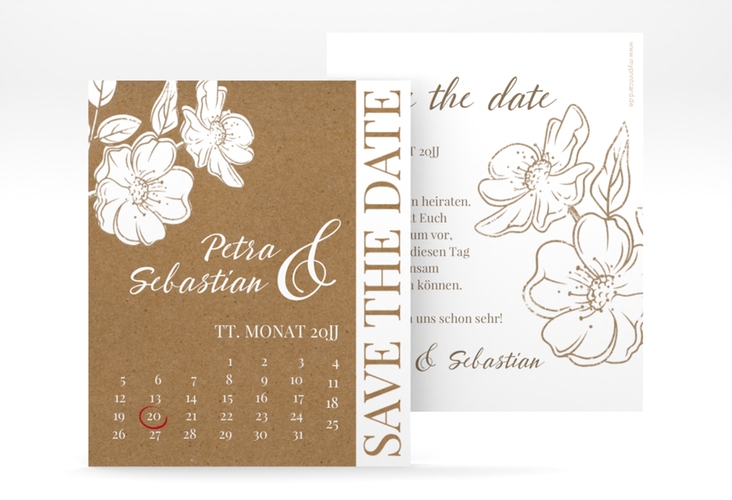 Save the Date-Kalenderblatt Windflower Kalenderblatt-Karte Kraftpapier hochglanz mit Wildrosen