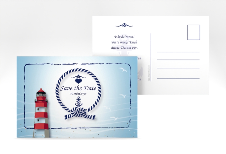 Save the Date-Postkarte Sylt A6 Postkarte blau mit Leuchtturm